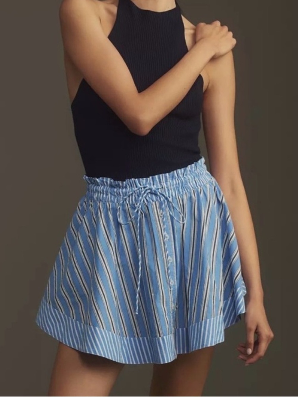 Anthropologie Boxer Mini Skirt Blue Stripe Pull-on Drawstring Waist Skort Shorts